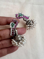 Kemp pink & green peacock jhumkas with pearls bunch-Earrings-CI-House of Taamara