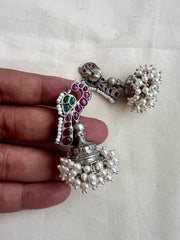 Kemp pink & green peacock jhumkas with pearls bunch-Earrings-CI-House of Taamara