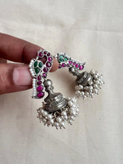 Kemp pink & green peacock jhumkas with pearls bunch-Earrings-CI-House of Taamara