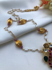 Kundan Antique style pendant with Rice pearls mala-Silver Neckpiece-PL-House of Taamara