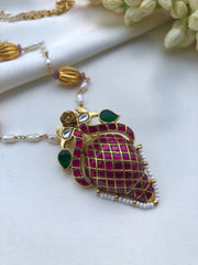 Kundan Antique style pendant with Rice pearls mala-Silver Neckpiece-PL-House of Taamara