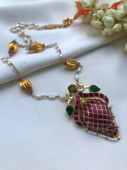 Kundan Antique style pendant with Rice pearls mala-Silver Neckpiece-PL-House of Taamara