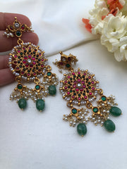 Kundan Earrings with intricate pearl work & green beads-Earrings-PL-House of Taamara