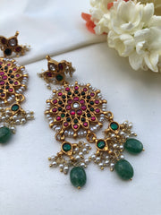Kundan Earrings with intricate pearl work & green beads-Earrings-PL-House of Taamara