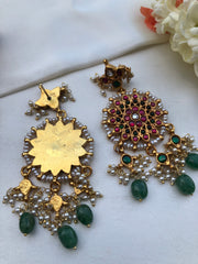 Kundan Earrings with intricate pearl work & green beads-Earrings-PL-House of Taamara