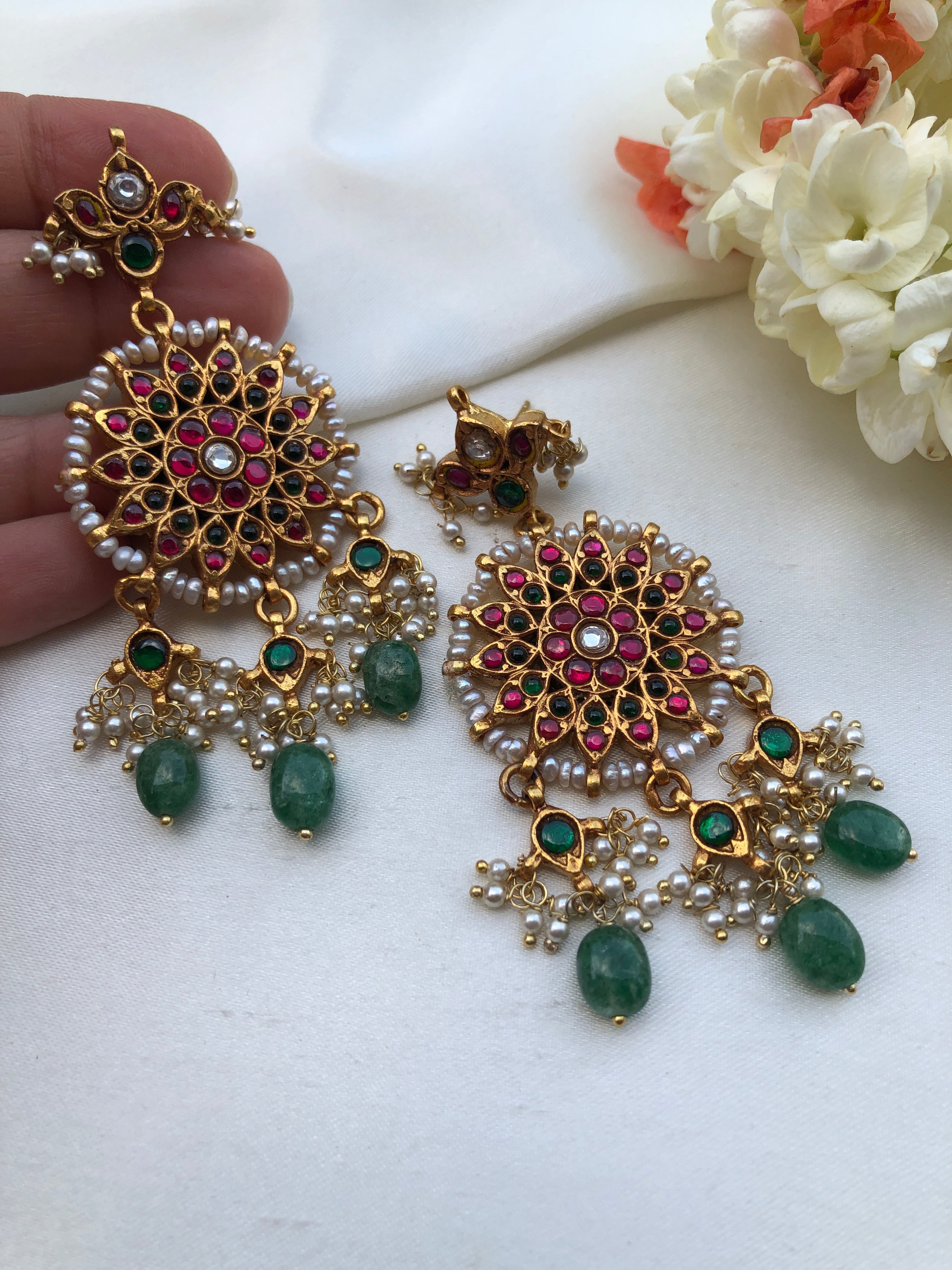 Kundan Earrings with intricate pearl work & green beads-Earrings-PL-House of Taamara
