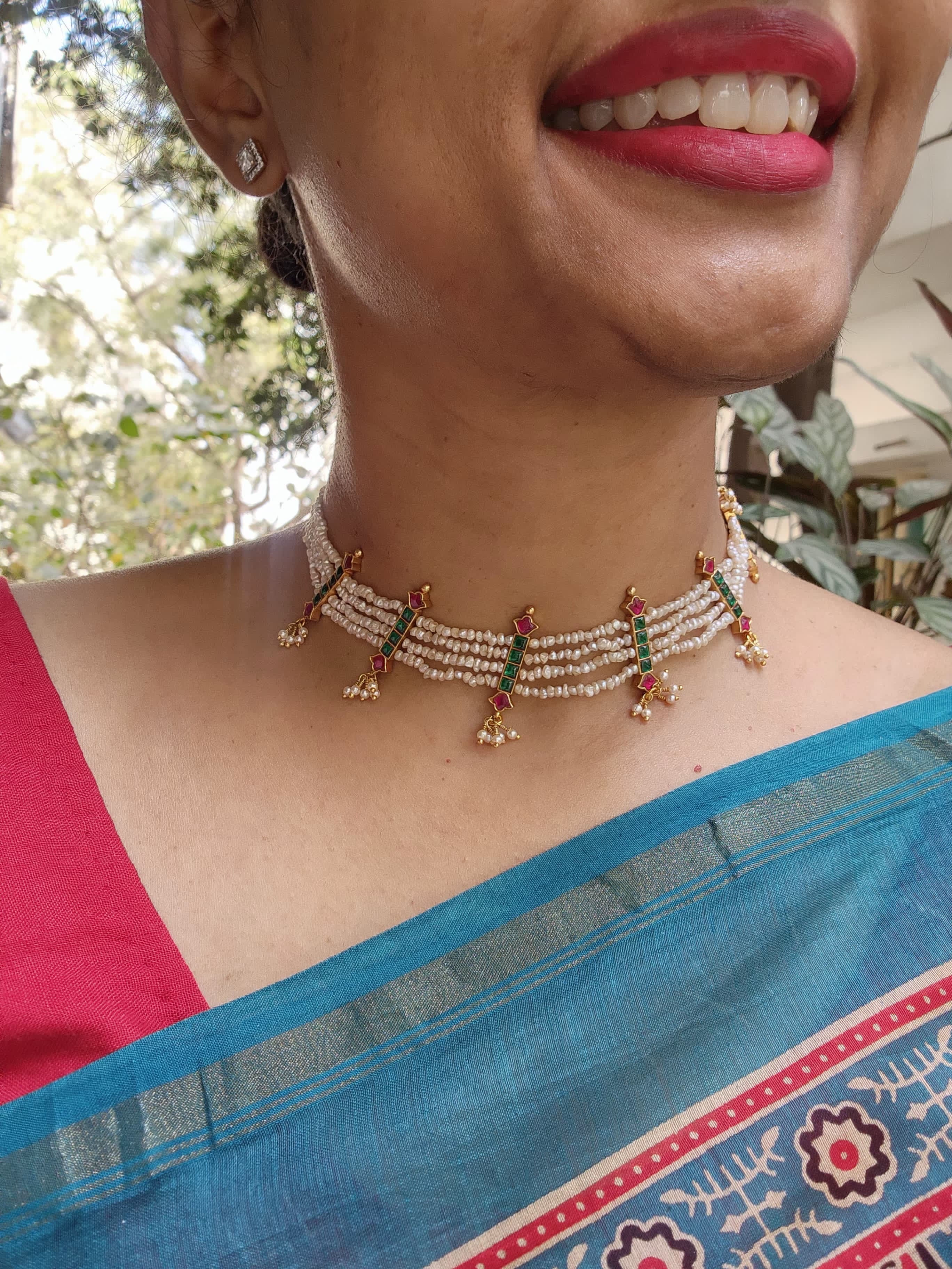 Kundan Green With Antique Style Pearls Necklace-Silver Neckpiece-PL-House of Taamara