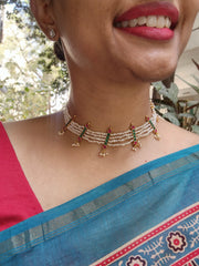 Kundan Green With Antique Style Pearls Necklace-Silver Neckpiece-PL-House of Taamara