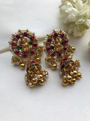 Kundan Lakshmi ruby and green jhumkas-Earrings-PL-House of Taamara