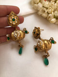 Kundan and big antique style bead with pearls & green peacock earrings-Earrings-PL-House of Taamara