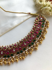 Kundan and ruby with gundus and pearls choker-Silver Neckpiece-PL-House of Taamara
