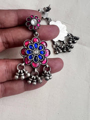Kundan blue & pink stone earrings with silver gundu beads-Earrings-CI-House of Taamara