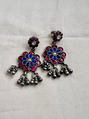 Kundan blue & pink stone earrings with silver gundu beads-Earrings-CI-House of Taamara