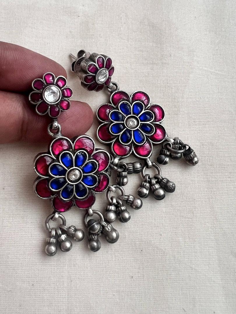 Kundan blue & pink stone earrings with silver gundu beads-Earrings-CI-House of Taamara