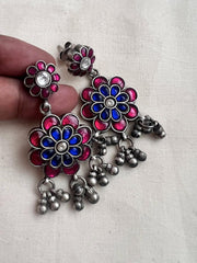 Kundan blue & pink stone earrings with silver gundu beads-Earrings-CI-House of Taamara