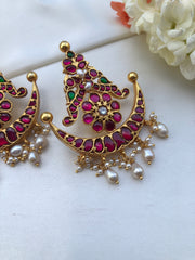 Kundan chand earrings with oval pearls-Earrings-PL-House of Taamara