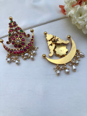 Kundan chand earrings with oval pearls-Earrings-PL-House of Taamara