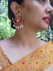Kundan chand earrings with oval pearls-Earrings-PL-House of Taamara