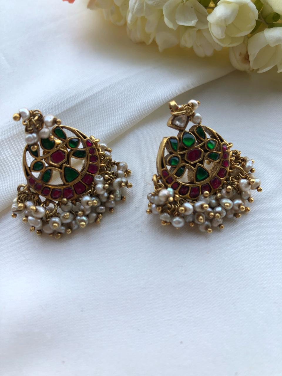 Kundan chand earrings with pearls bunch-Earrings-PL-House of Taamara