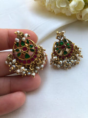 Kundan chand earrings with pearls bunch-Earrings-PL-House of Taamara