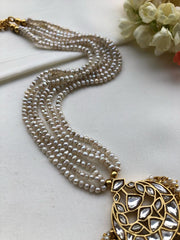 Kundan chand pendant with Pearls mala-Silver Neckpiece-PL-House of Taamara