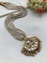 Kundan chand pendant with Pearls mala-Silver Neckpiece-PL-House of Taamara