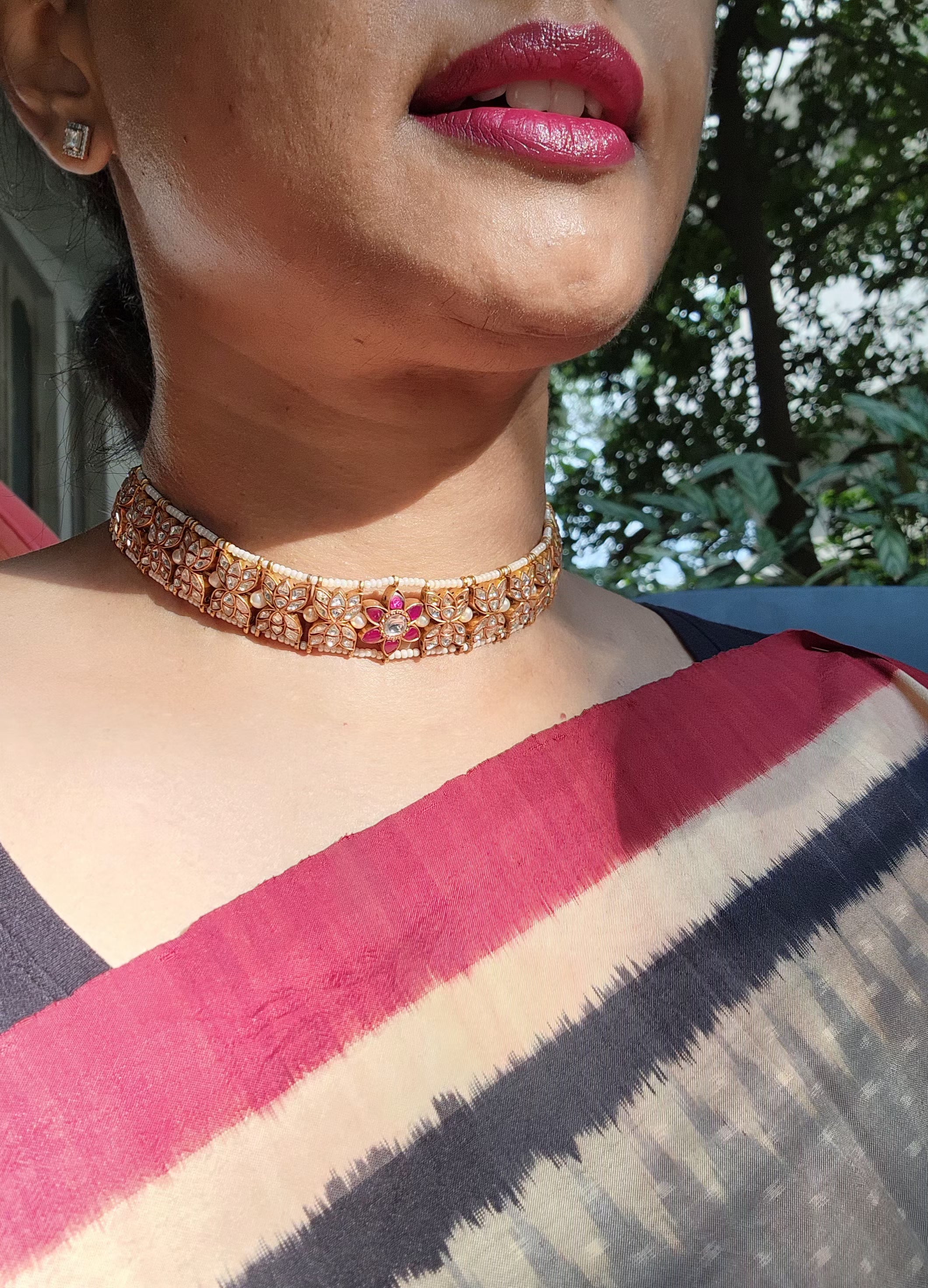 Kundan choker with pearls & ruby flower-Silver Neckpiece-PL-House of Taamara