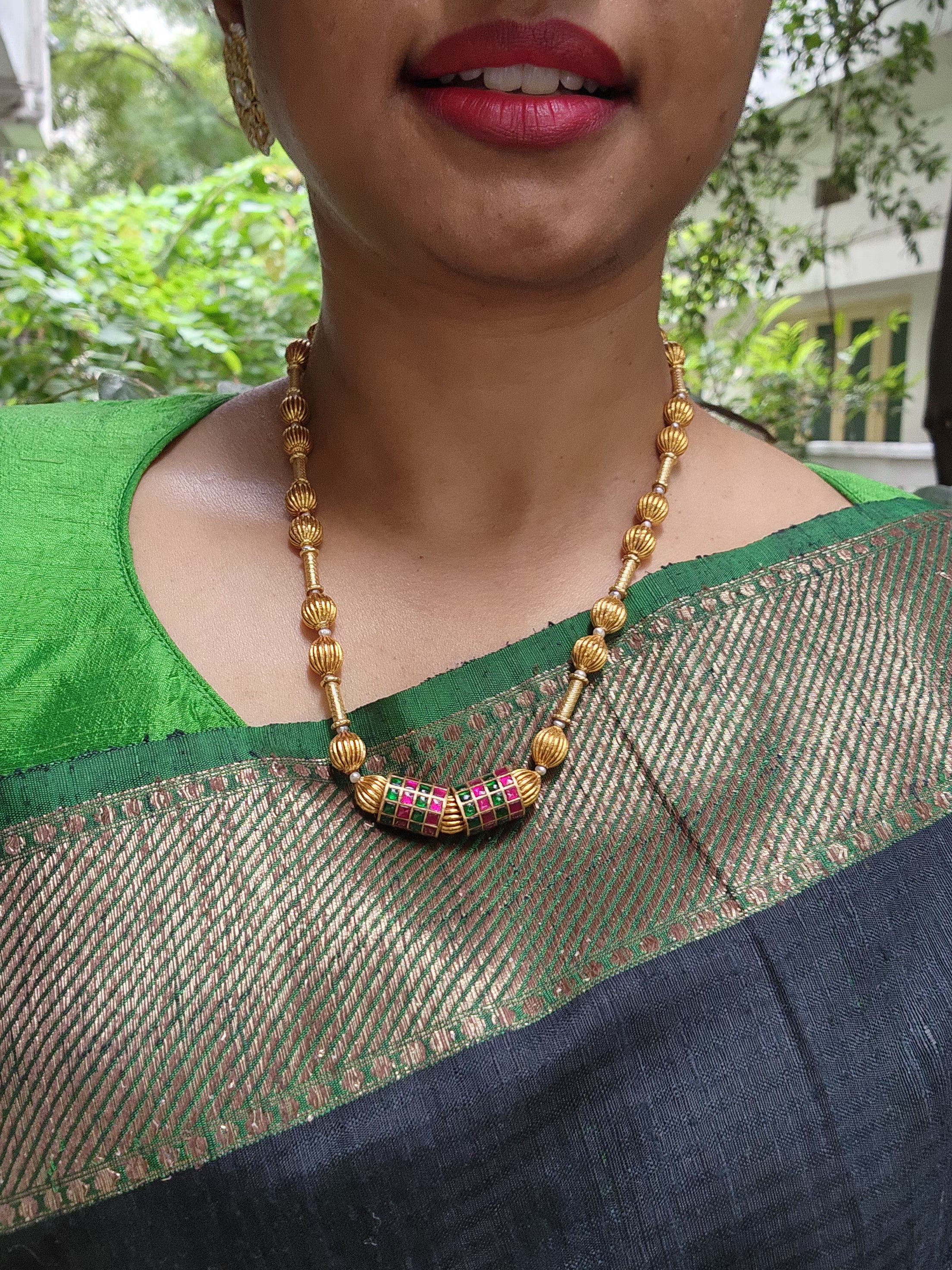 Kundan cylindrical beads with antique style beads-Silver Neckpiece-PL-House of Taamara