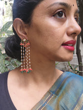 Kundan earrings with long pearl earrings with coral and green beads-Earrings-PL-House of Taamara