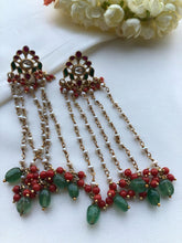 Kundan earrings with long pearl earrings with coral and green beads-Earrings-PL-House of Taamara