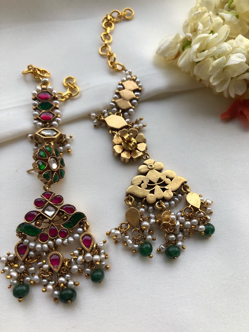 Kundan earrings with maatal and green beads with pearls bunch-Earrings-PL-House of Taamara