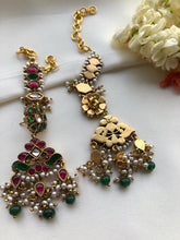 Kundan earrings with maatal and green beads with pearls bunch-Earrings-PL-House of Taamara