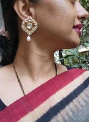 Kundan earrings with pearl drop-Earrings-PL-House of Taamara
