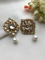 Kundan earrings with pearl drop-Earrings-PL-House of Taamara
