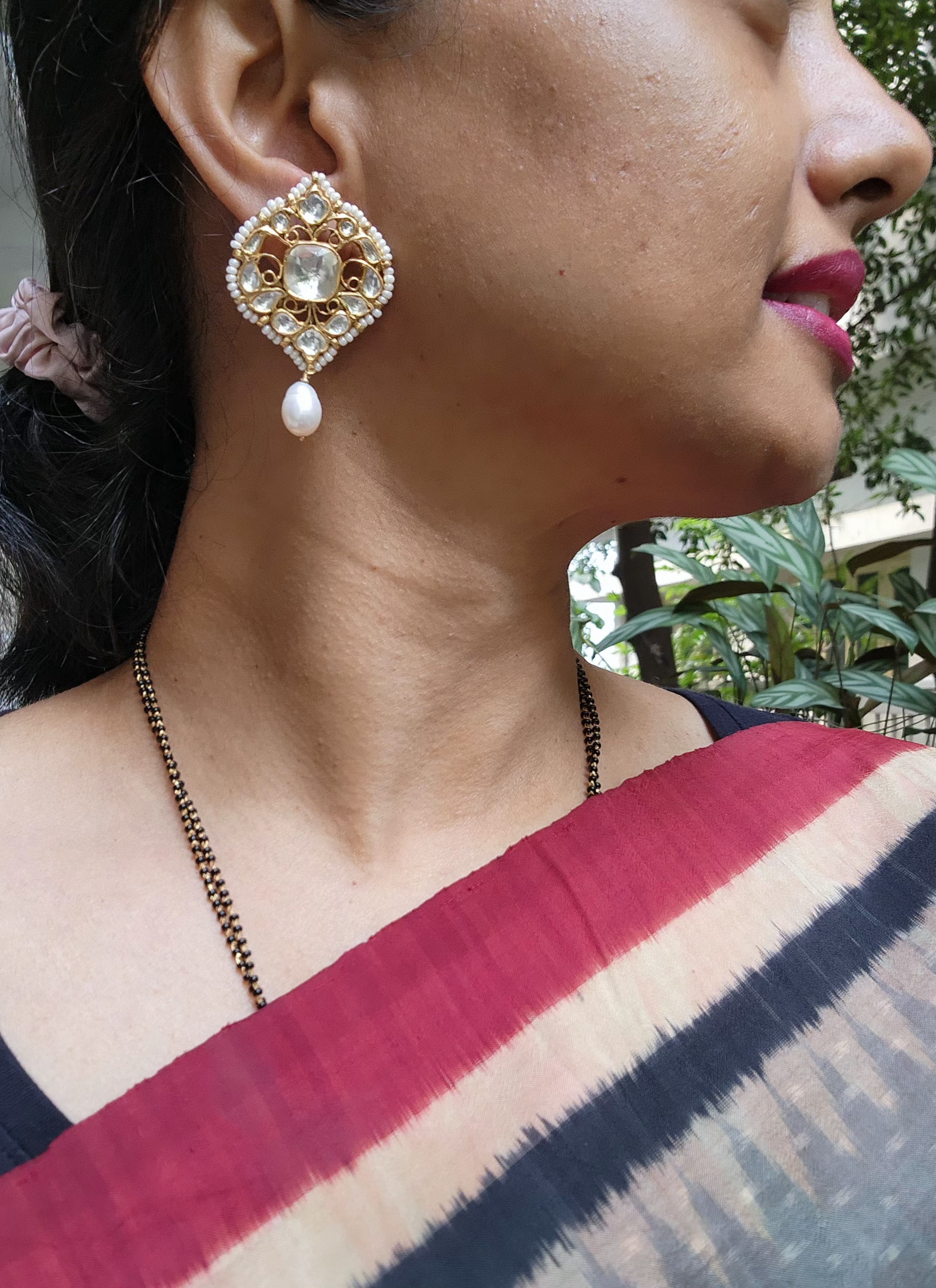 Kundan earrings with pearl drop-Earrings-PL-House of Taamara
