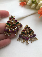 Kundan earrings with pink tourmaline beads-Earrings-PL-House of Taamara