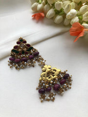 Kundan earrings with pink tourmaline beads-Earrings-PL-House of Taamara