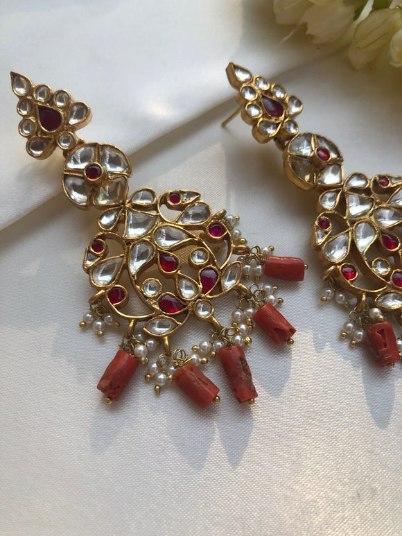 Kundan earrings with ruby and coral beads-Earrings-PL-House of Taamara