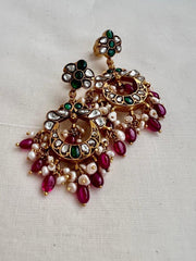Kundan & emerald chandbali style earrings with pearls & ruby beads-Earrings-CI-House of Taamara