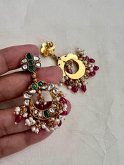 Kundan & emerald chandbali style earrings with pearls & ruby beads-Earrings-CI-House of Taamara