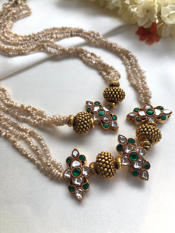 Kundan & green antique style 2 layered pearls necklace-Silver Neckpiece-PL-House of Taamara