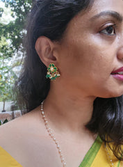 Kundan green earrings with pearls & green beads-Earrings-PL-House of Taamara