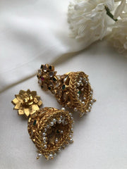 Kundan green jhumkas with pearls-Earrings-PL-House of Taamara