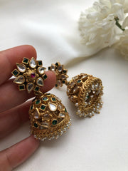 Kundan green jhumkas with pearls-Earrings-PL-House of Taamara