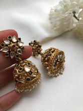 Kundan green jhumkas with pearls-Earrings-PL-House of Taamara