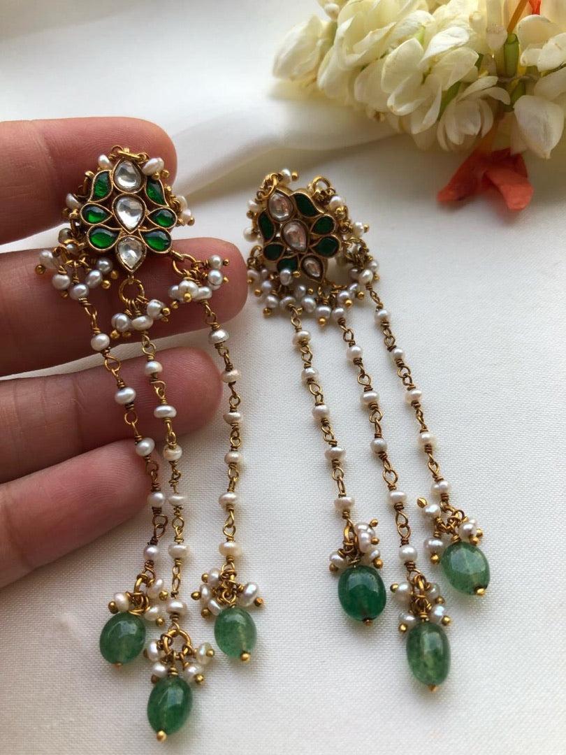 Kundan green with antique pearls hangings-Earrings-PL-House of Taamara