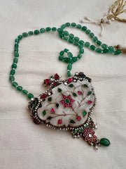 Kundan inlay work statement pendant with jade beads chain-Silver Neckpiece-CI-House of Taamara