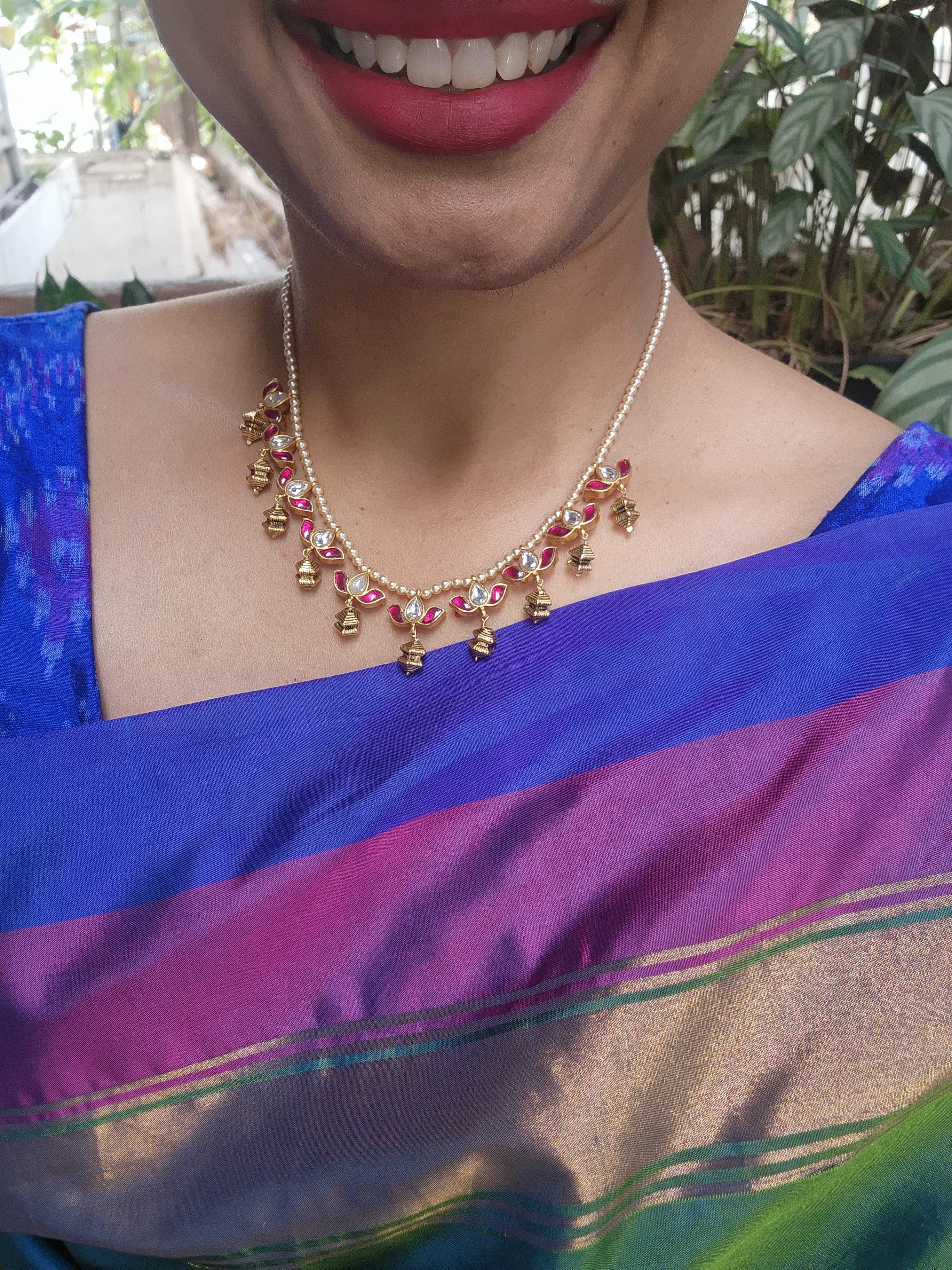 Kundan lotus and antique style beads necklace-Silver Neckpiece-PL-House of Taamara