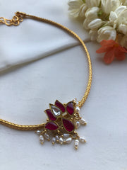 Kundan lotus pendant with gold polish guttu pusalu chain-Silver Neckpiece-PL-House of Taamara
