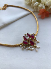 Kundan lotus pendant with gold polish guttu pusalu chain-Silver Neckpiece-PL-House of Taamara